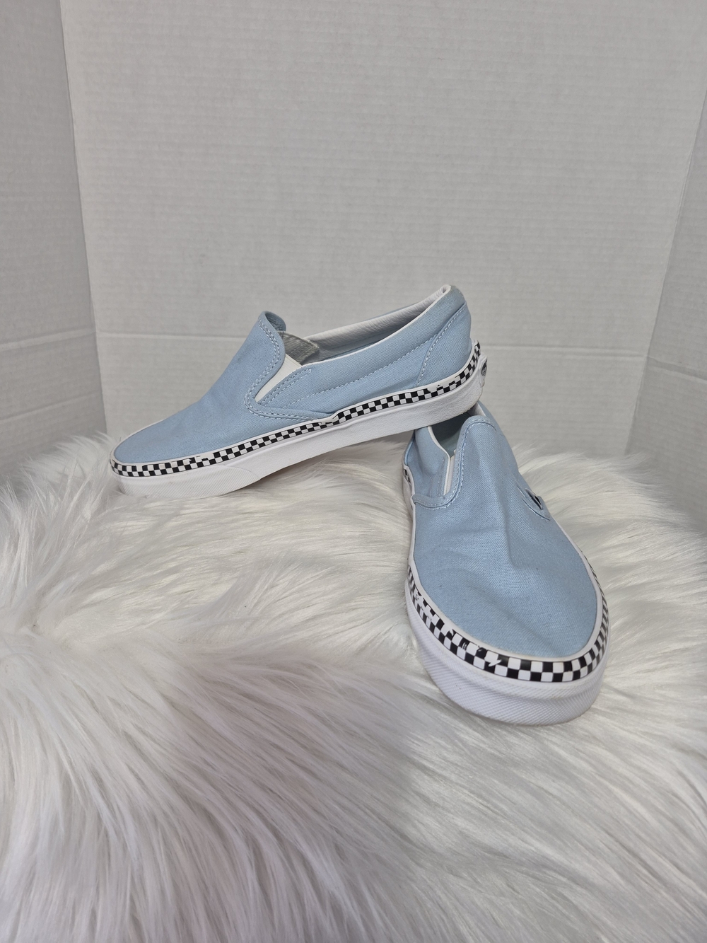 Vans Slip-On Sneakers in Light Blue with Checkerboard Trim, Women 7.5 , Mens 6